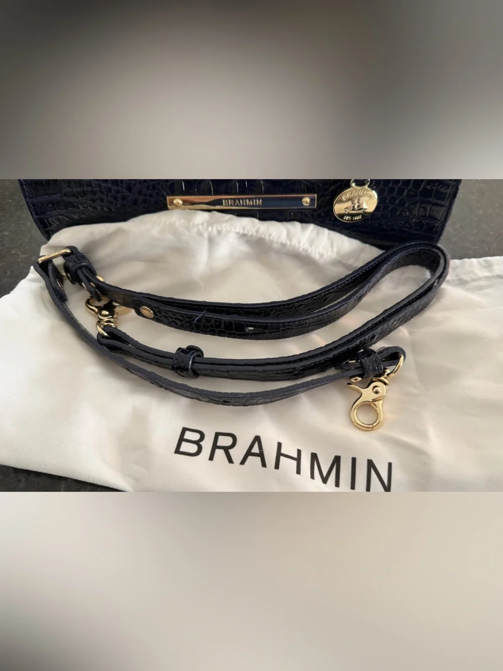 Brahmin Croc-Embossed Patent Satchel - Navy